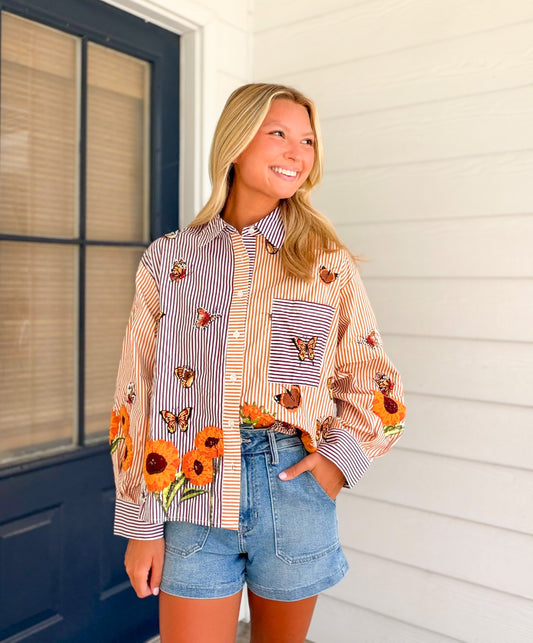 Queen of Sparkles Colorblock Striped Butterfly and Sunflower Button Down