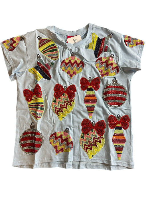 Queen of Sparkles Light Blue Patterned Ornament and Bows Tee