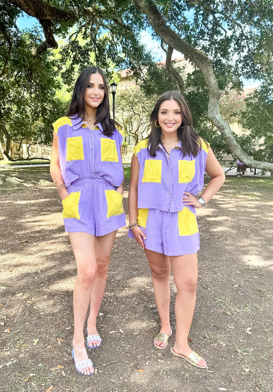 QOS Purple and Gold Gauze Shorts