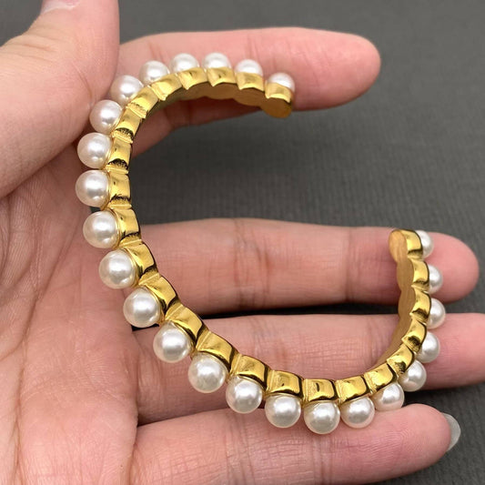 Pearl Inlaid 18K Gold Plated Stainless Steel Cuff