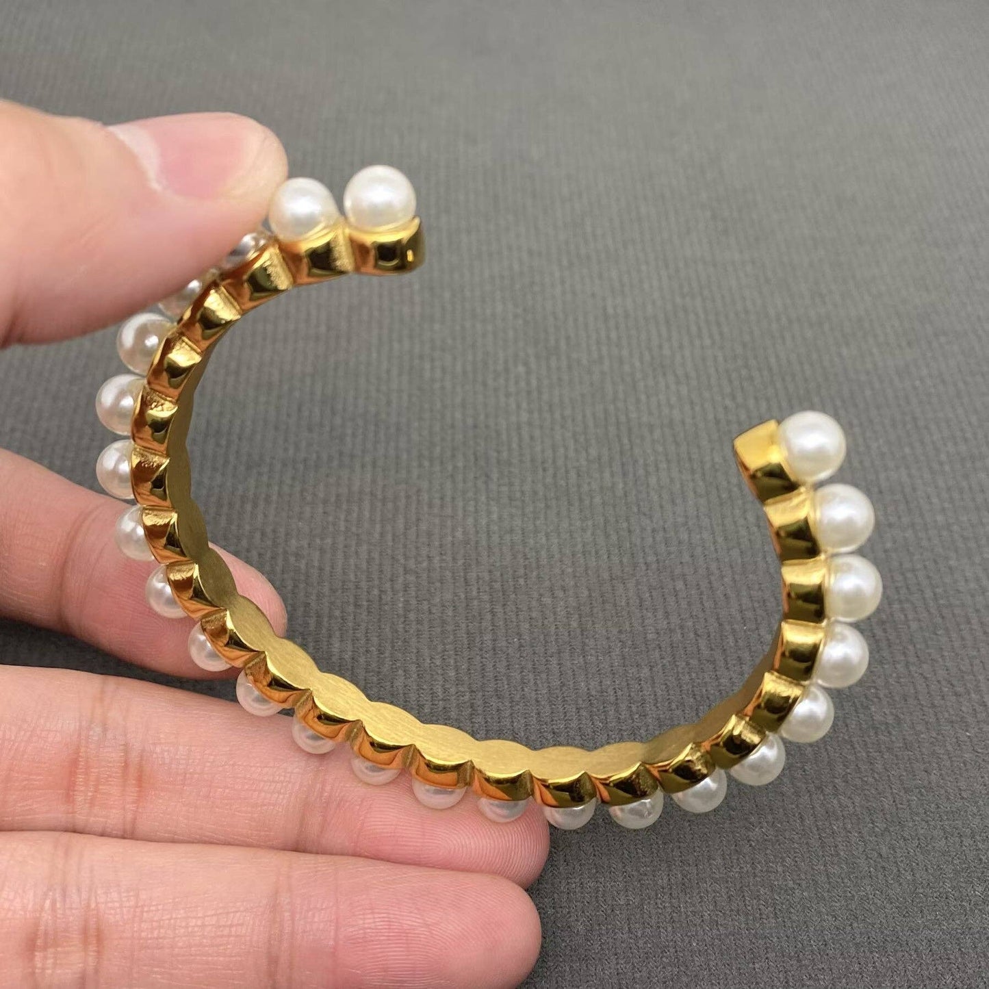 Pearl Inlaid 18K Gold Plated Stainless Steel Cuff