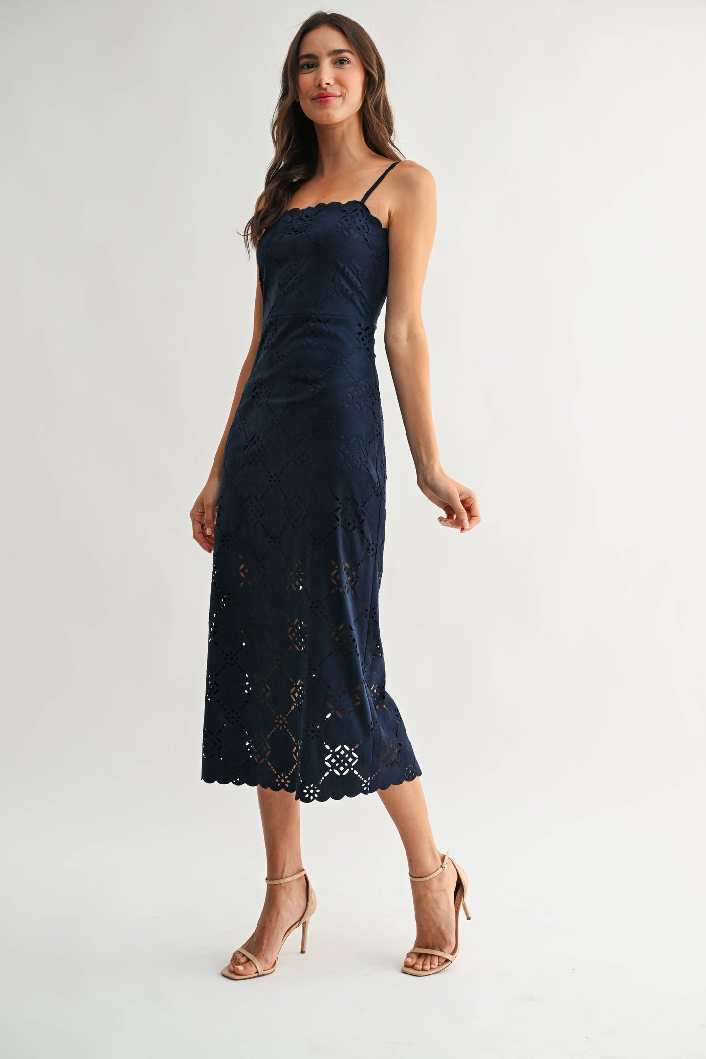 Laser-Cut Midi Dress with Scalloped