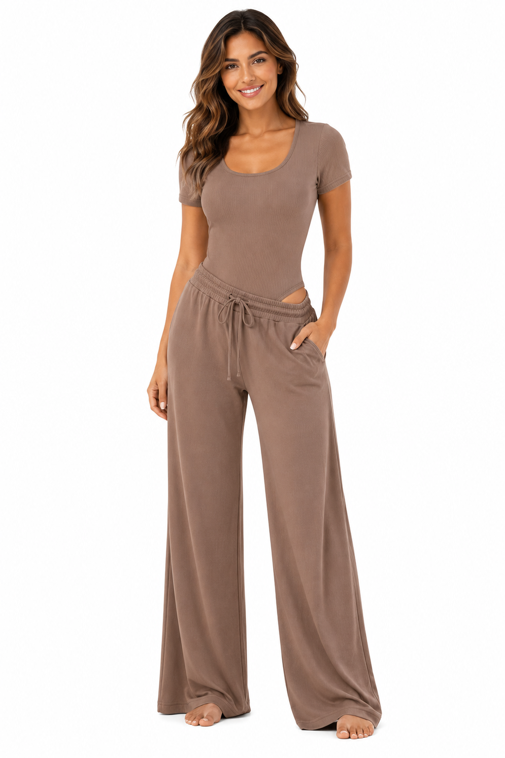 Solid slinky short sleeve body suit with flare pants set