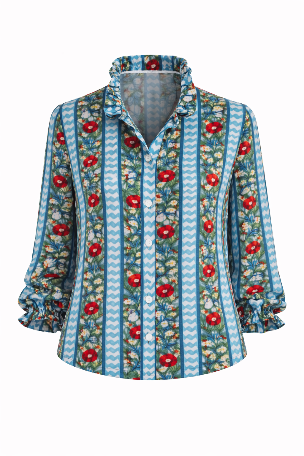 Poppy Red & Blue Print Women's Button Up Ruffled Set