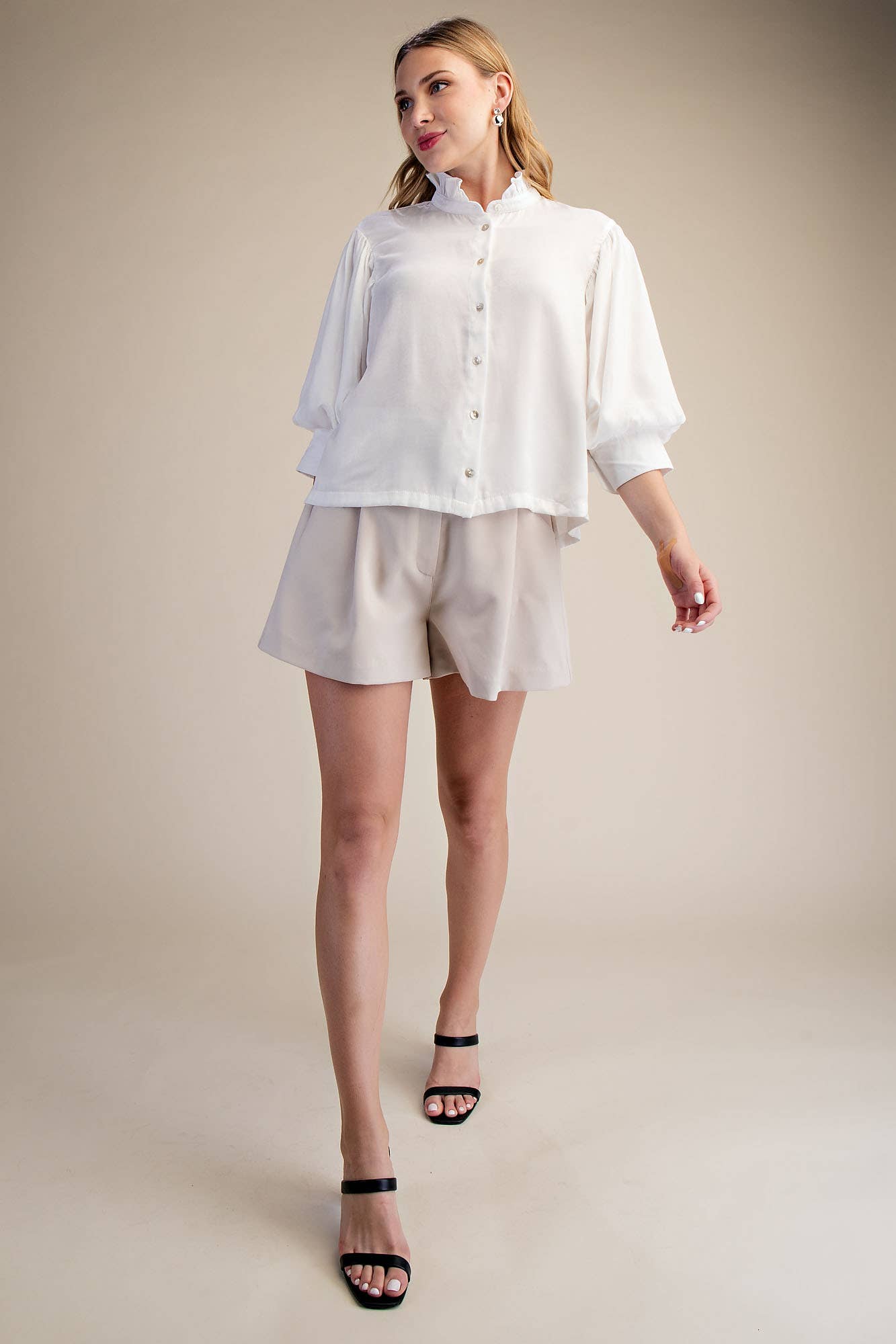 Ruffle Neck Puff Sleeve Blouse