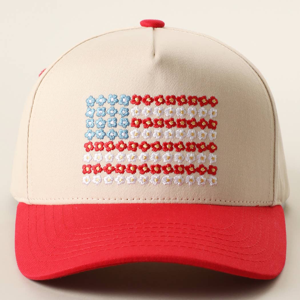 Floral American Flag Embroidered Two-Tone Denim Trucker Hat
