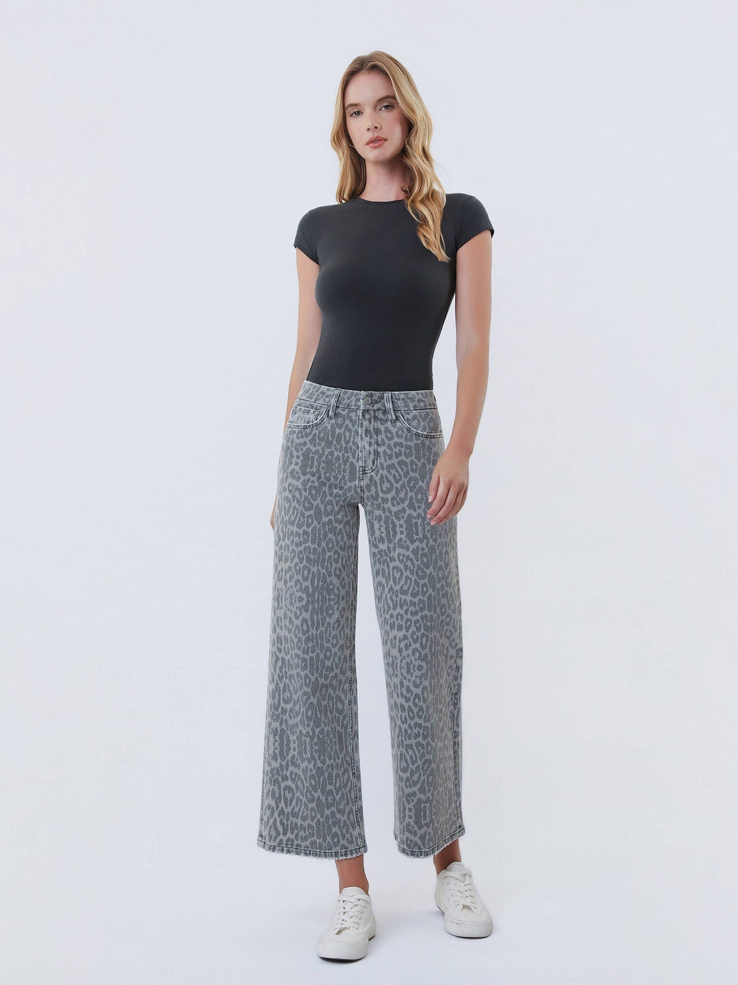 HIGH RISE GREY LEOPARD PRINT CROP WIDE LEG JEANS