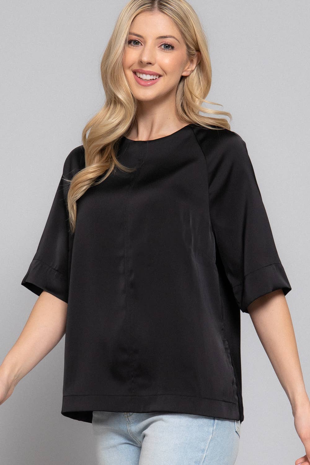 Raglan Elbow Sleeve Side Slit Back Closure Satin Blouse