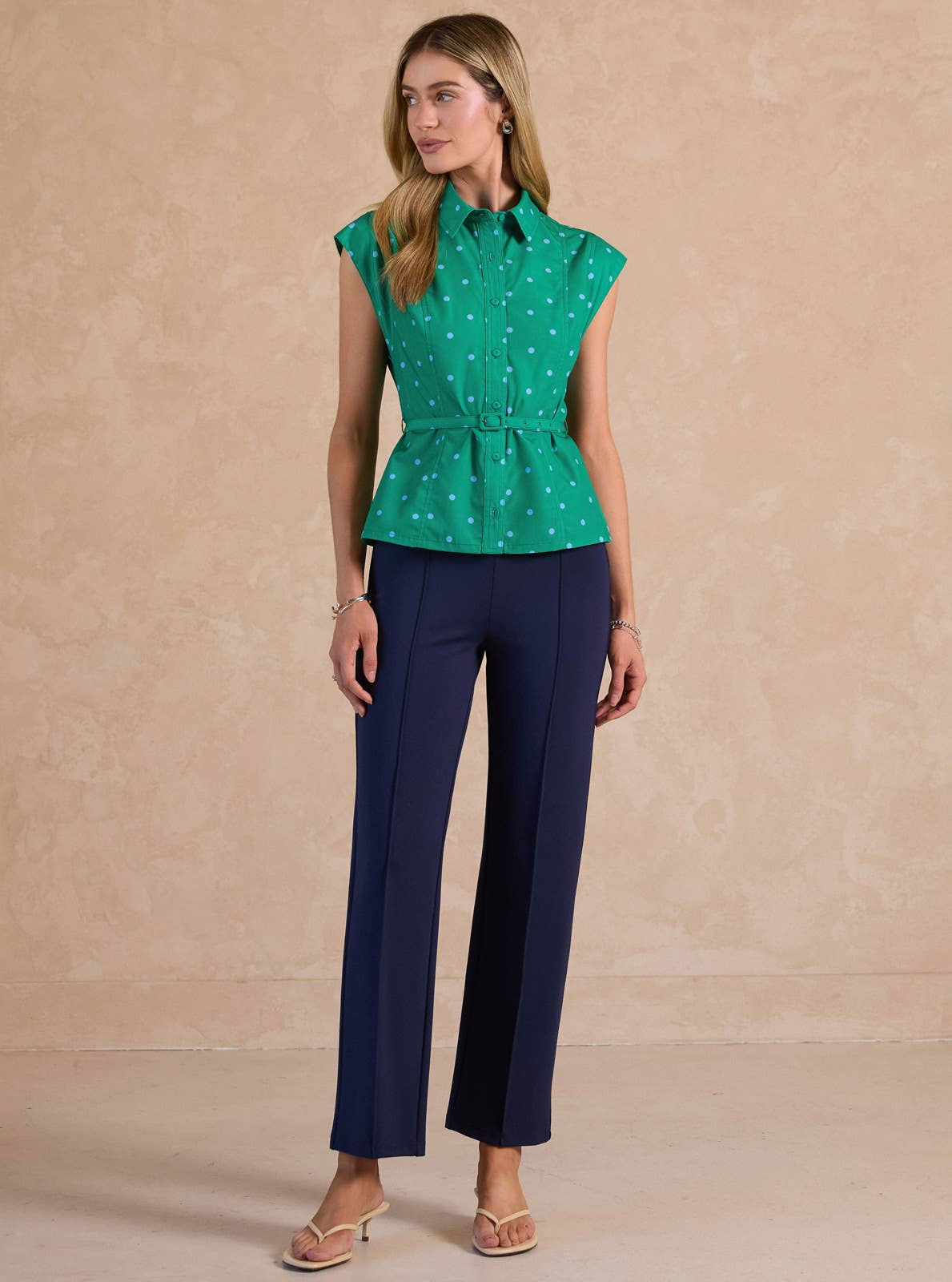 Polka Dot Printed Belted Shirts Blouse