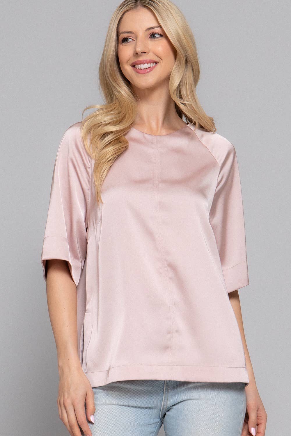 Raglan Elbow Sleeve Side Slit Back Closure Satin Blouse