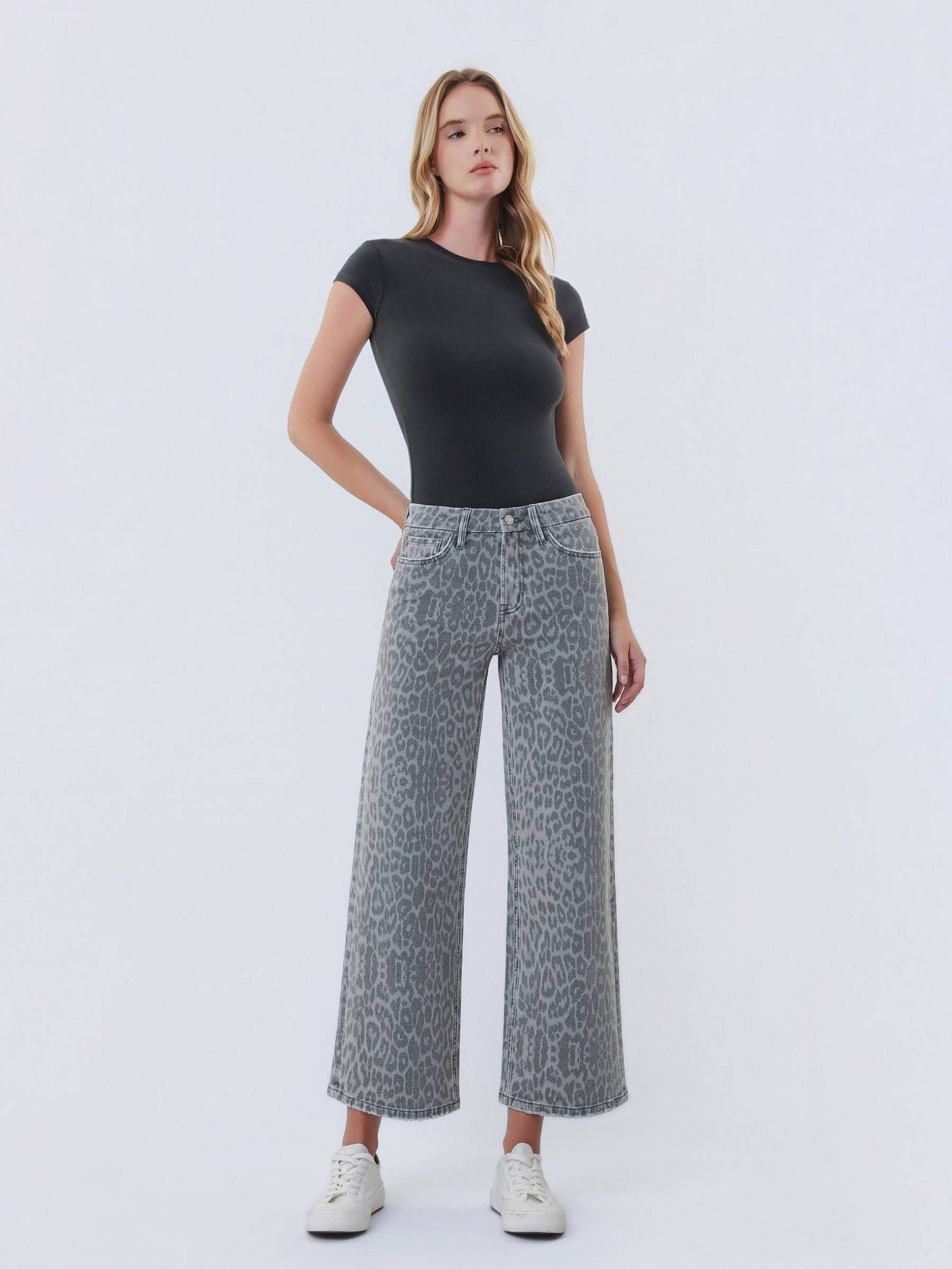 HIGH RISE GREY LEOPARD PRINT CROP WIDE LEG JEANS