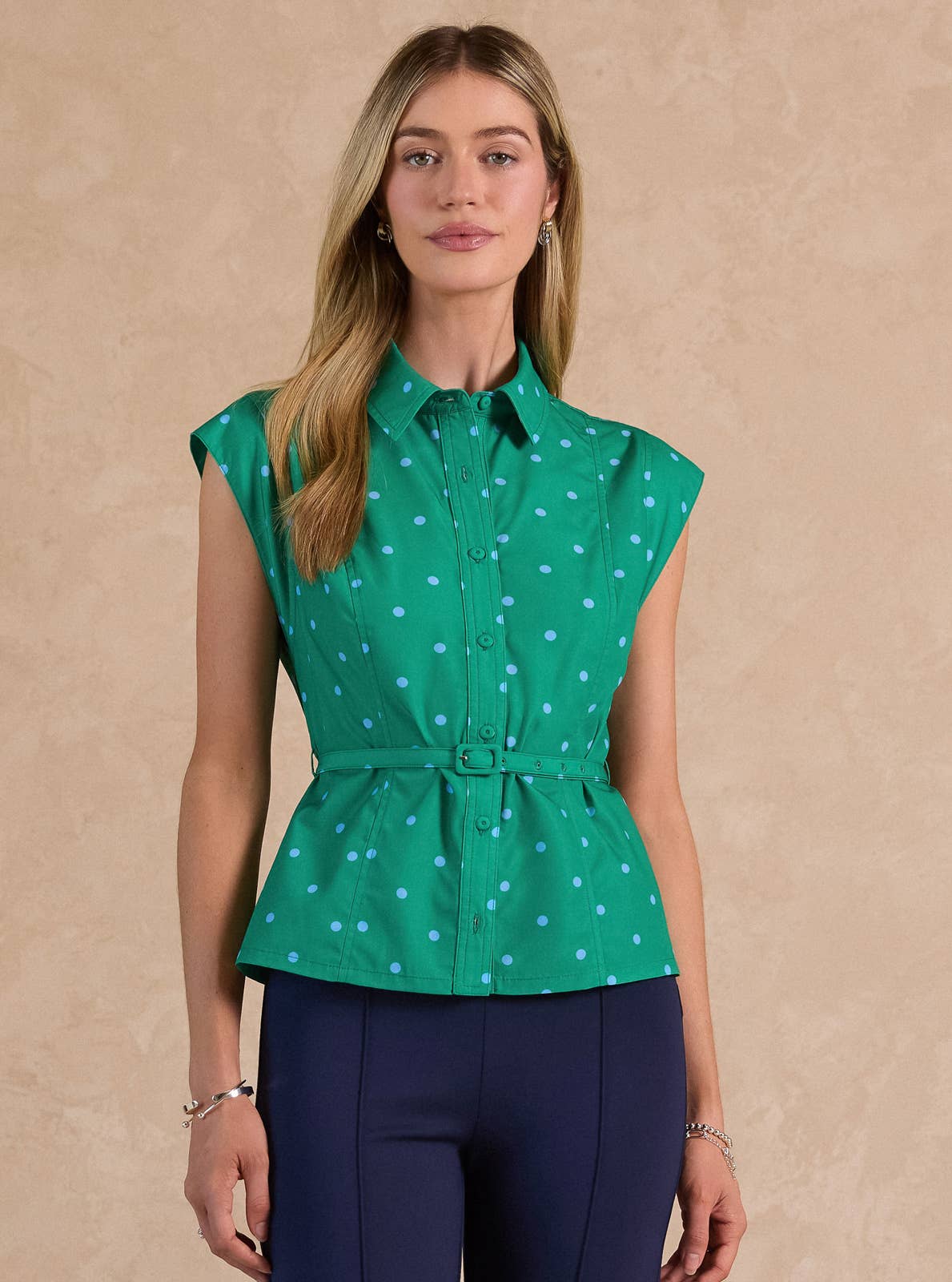 Polka Dot Printed Belted Shirts Blouse