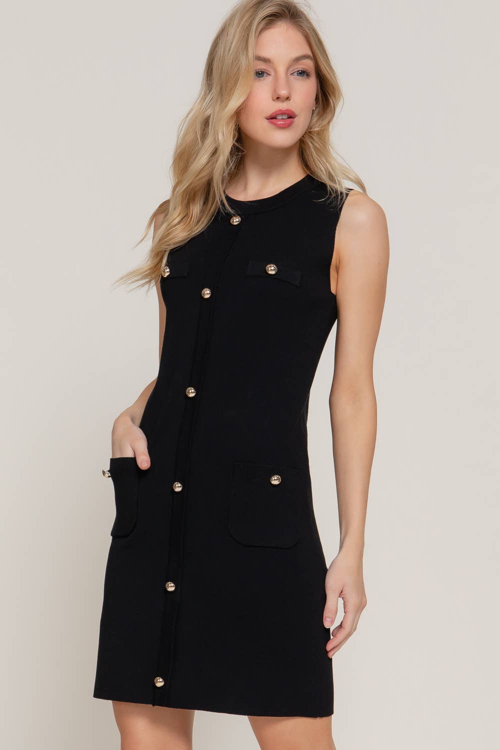 Sleeveless Round Neck Button Front Mini Dress