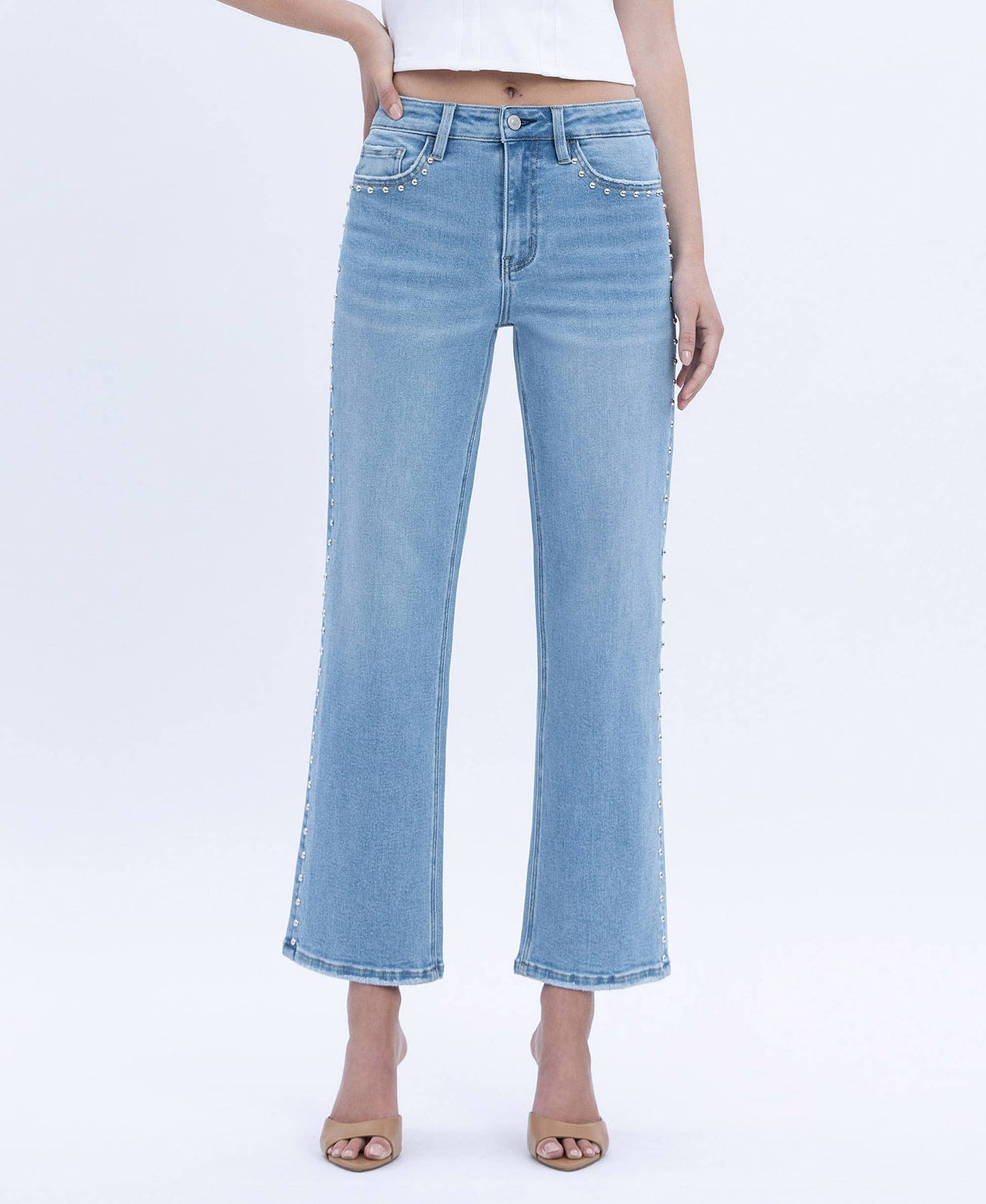 HIGH RISE ANKLE STUDDED SLIM WIDE JEANS LV1964