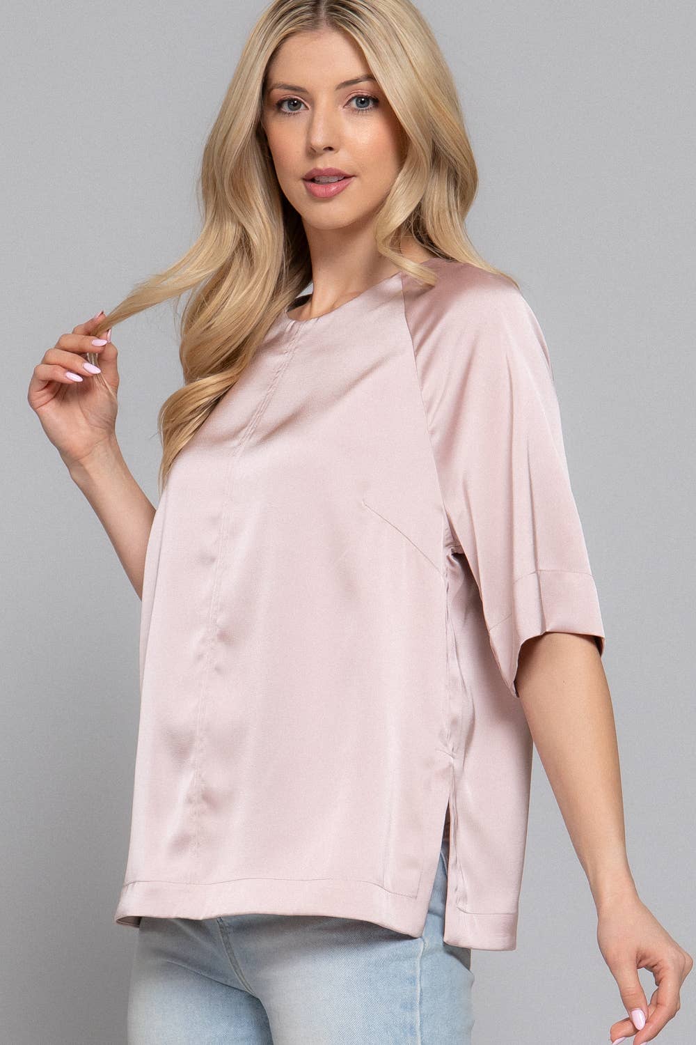 Raglan Elbow Sleeve Side Slit Back Closure Satin Blouse
