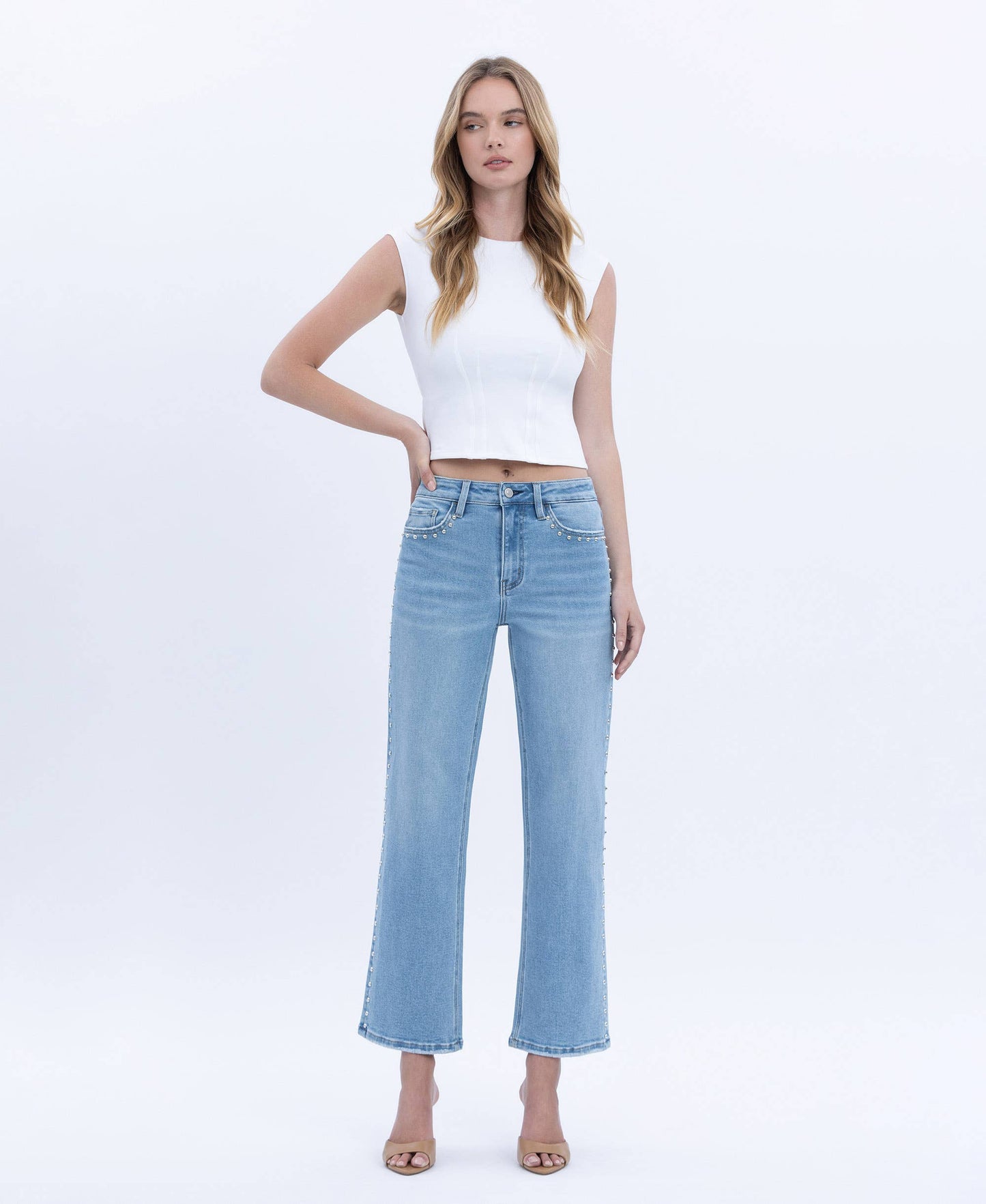 HIGH RISE ANKLE STUDDED SLIM WIDE JEANS LV1964