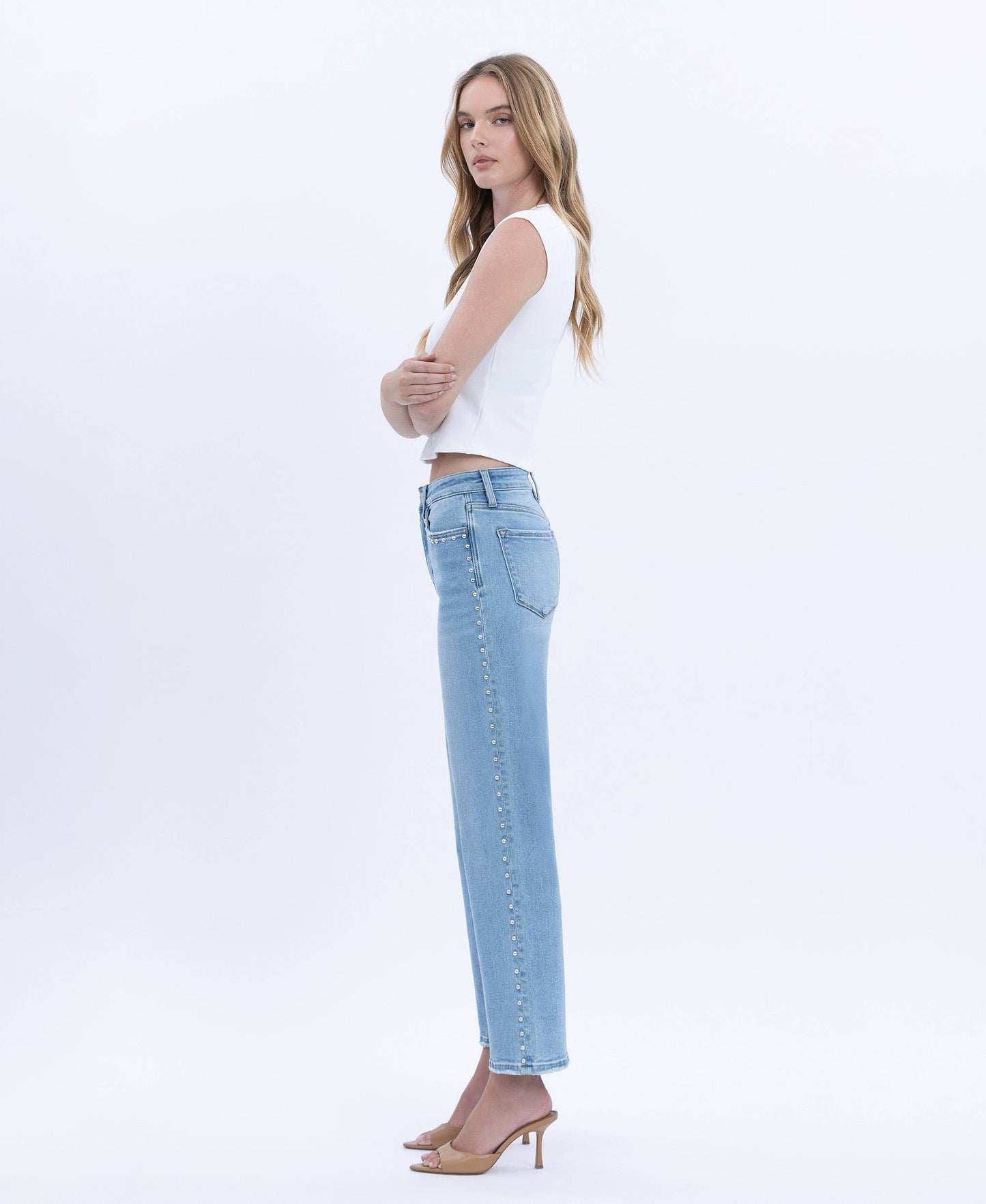 HIGH RISE ANKLE STUDDED SLIM WIDE JEANS LV1964