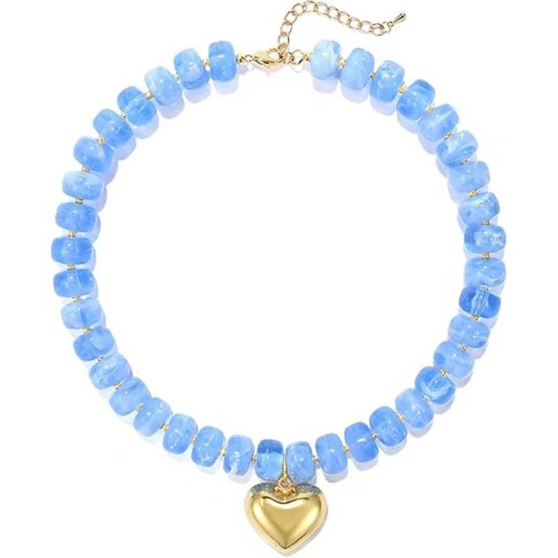 Colorful Resin Bead Necklace with Gold Heart-Shaped Pendant