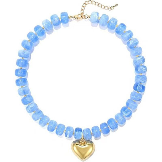 Colorful Resin Bead Necklace with Gold Heart-Shaped Pendant
