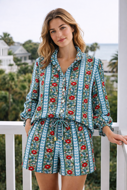 Poppy Red & Blue Print Women's Button Up Ruffled Set