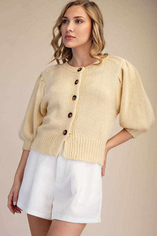 Short Puff Sleeve Button Down Sweater