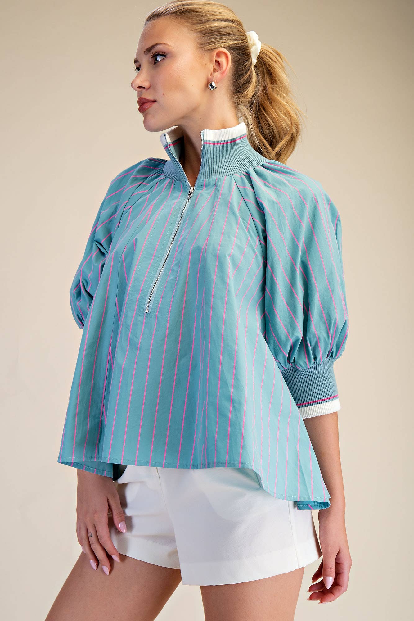 Mock Neck Band Puff Sleeve Blouse