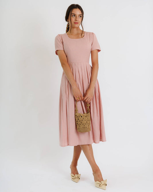 Polly Pink Short Sleeve Scoop Neck Midi Dress
