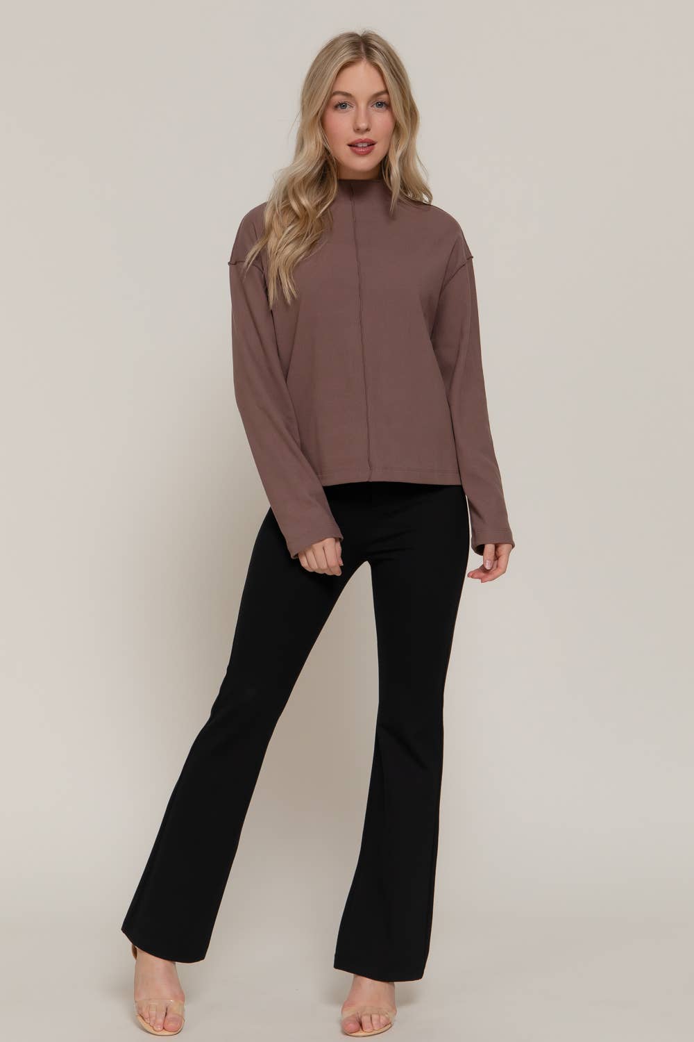 Long Sleeve Visible Overlocked Seams Detail Brushed Rib Top