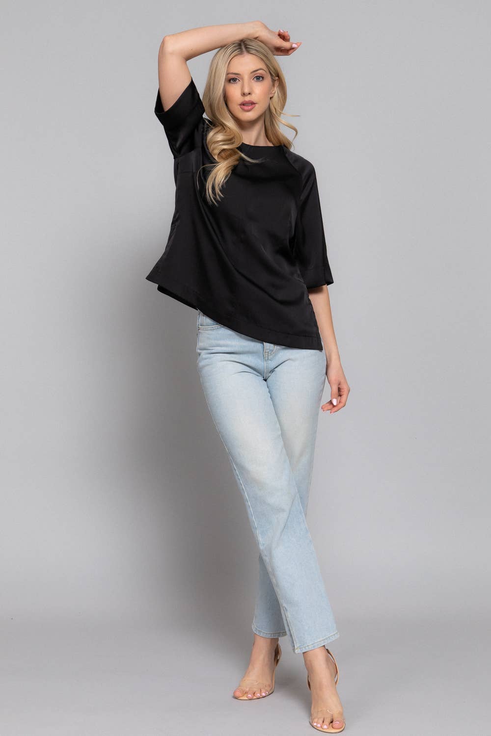 Raglan Elbow Sleeve Side Slit Back Closure Satin Blouse