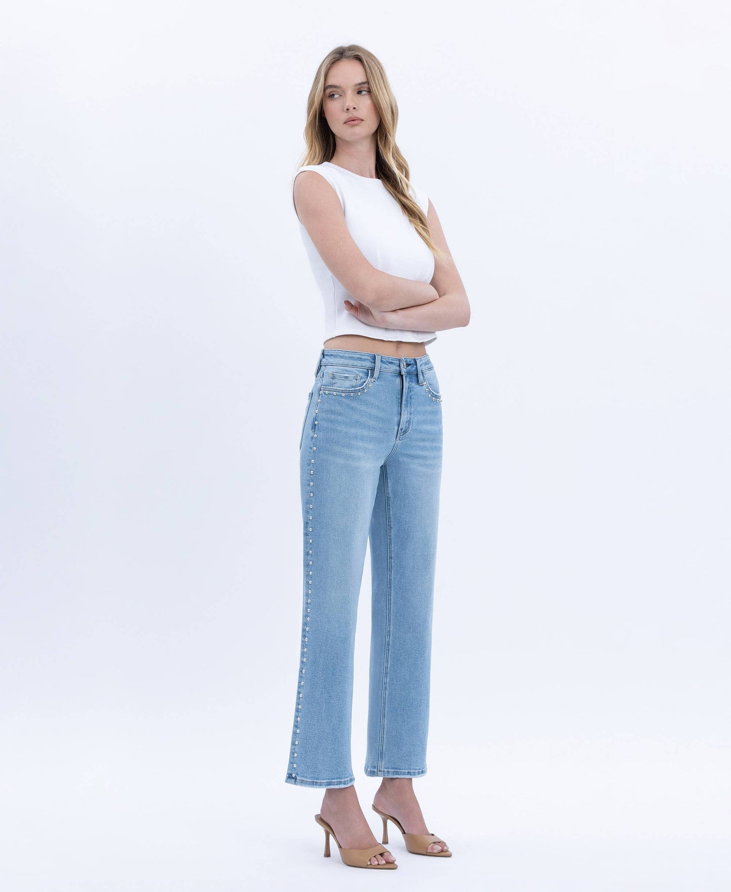 HIGH RISE ANKLE STUDDED SLIM WIDE JEANS LV1964