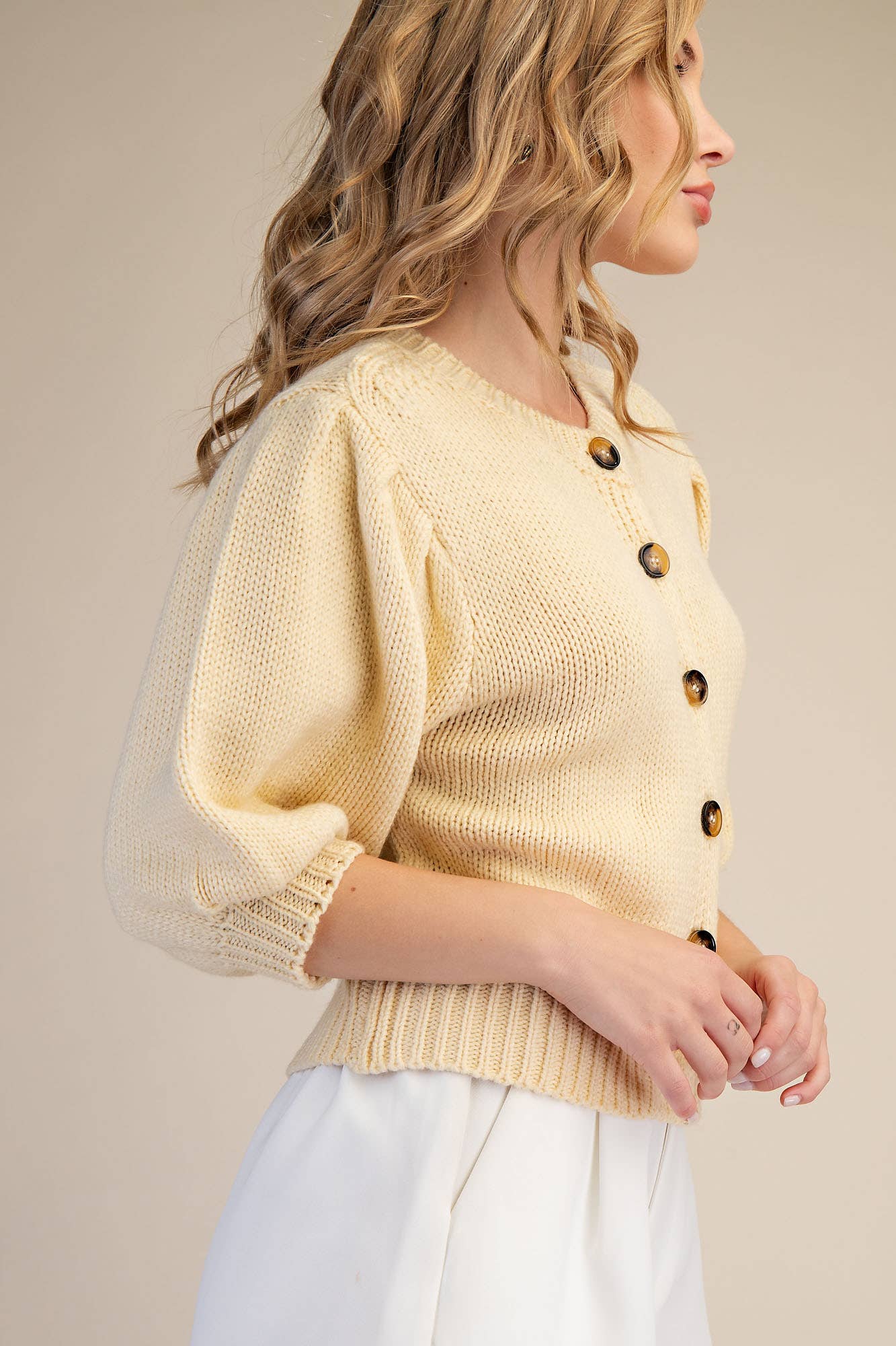 Short Puff Sleeve Button Down Sweater