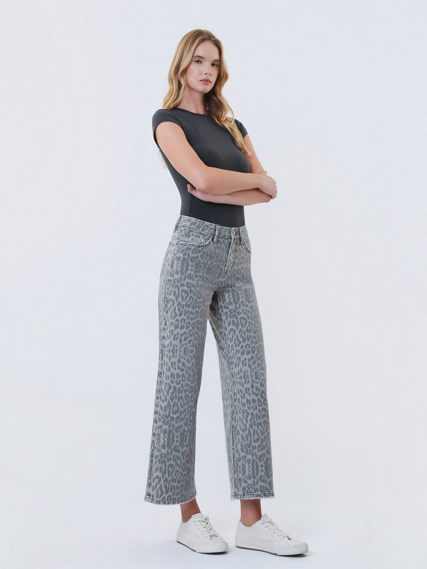 HIGH RISE GREY LEOPARD PRINT CROP WIDE LEG JEANS
