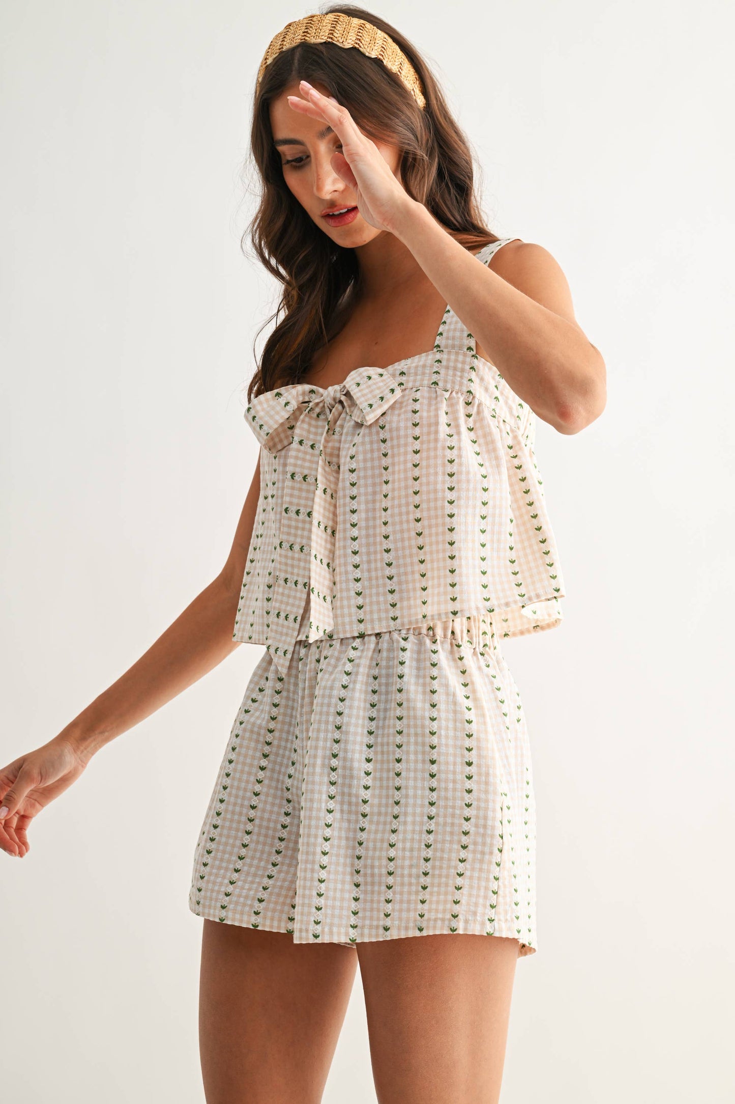 Gingham Print Set with Tie-Front Top and Shorts
