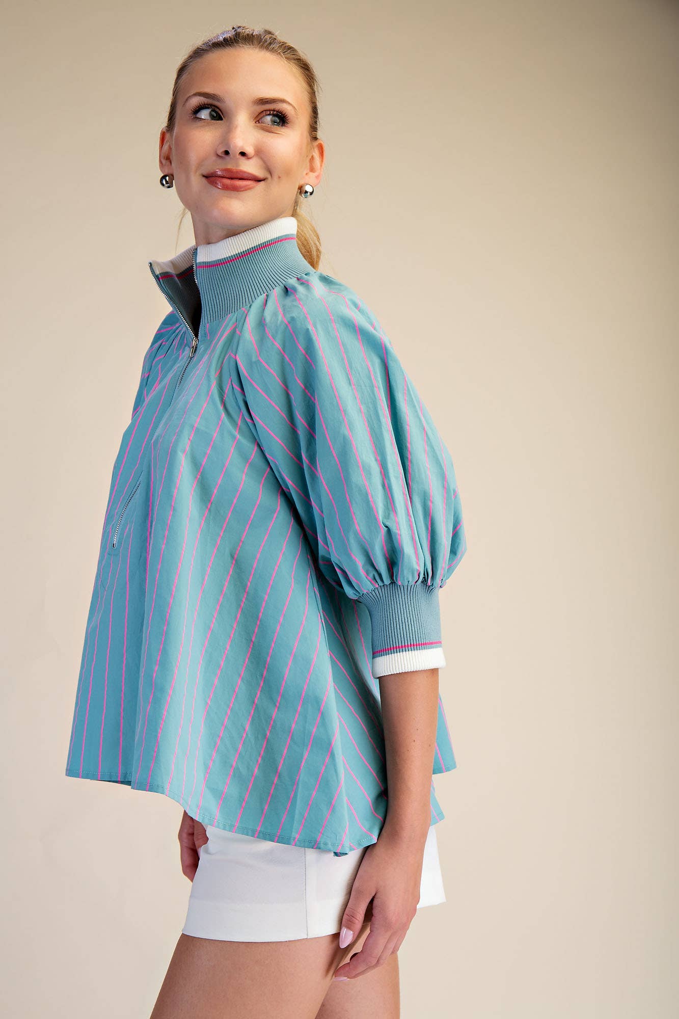 Mock Neck Band Puff Sleeve Blouse