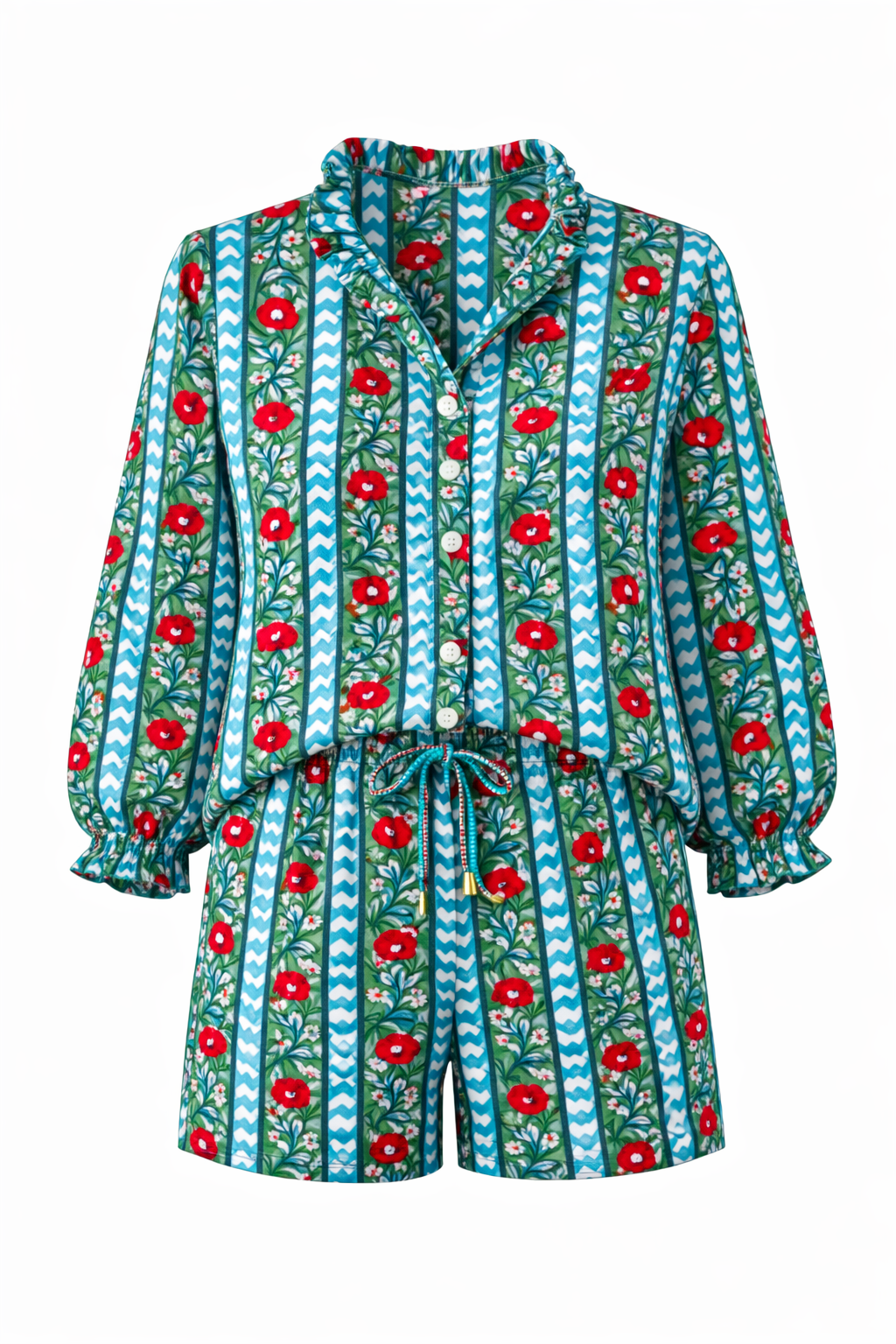 Poppy Red & Blue Print Women's Button Up Ruffled Set